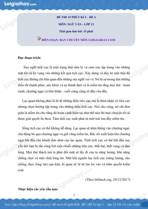 Đề số 4 - Đề kiểm tra 15 phút - Học kì 2 - Ngữ văn 12